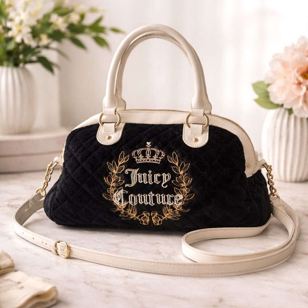 Juicy Couture Royal Couture Quilted Satchel Black/Cream Designer Handbag Purse